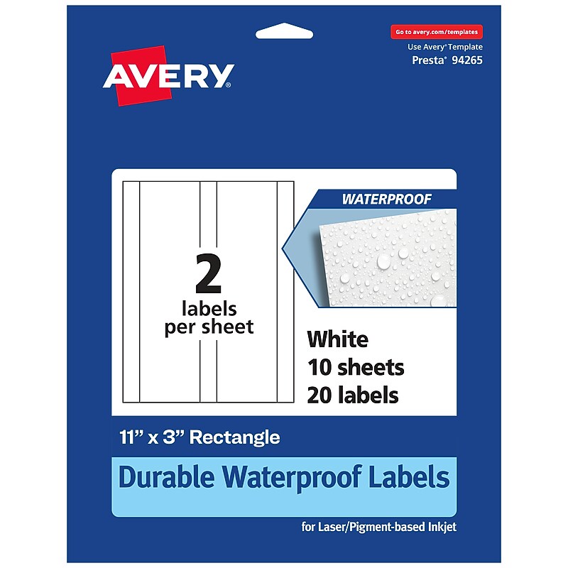 Avery Laser/Inkjet Rectangle Waterproof Multipurpose Labels, 3"  x 11", White, 20/Pack (94265) image 1