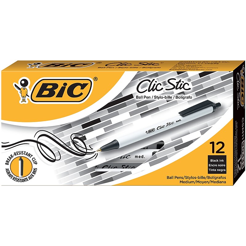 BIC Clic Stic Retractable Ballpoint Pens, Medium Point, Black Ink, Dozen (90433/CSM11BK) image 1