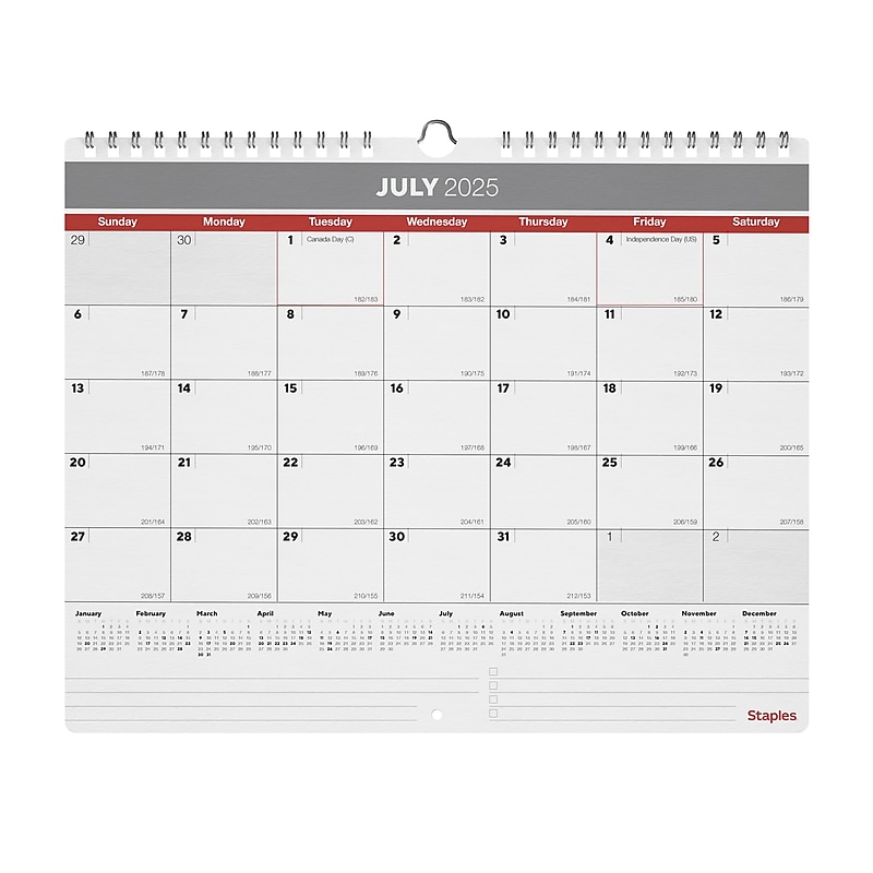 2025-2026 Staples 15" x 12" Academic Monthly Calendar, Gray/Red (ST62816-25) image 1