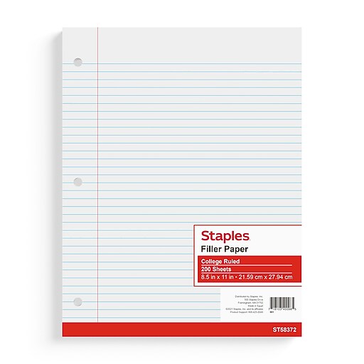 Staples® College Ruled Filler Paper, 8.5" x 11", White, 200 Sheets/Pack