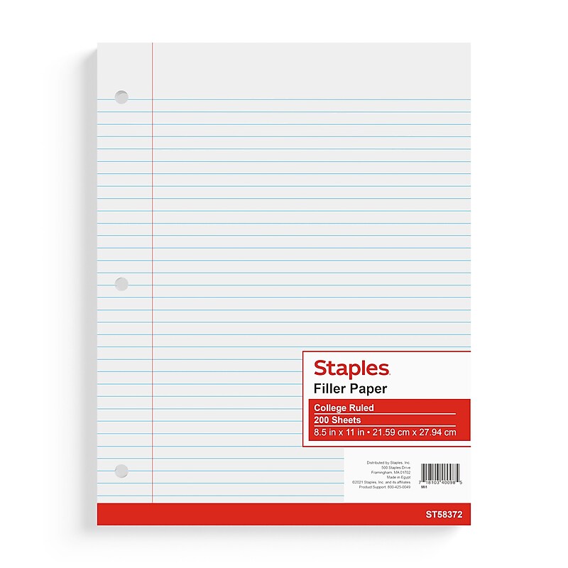 Staples College Ruled Filler Paper, 8.5" x 11", White, 200 Sheets/Pack (TR58372) image 1