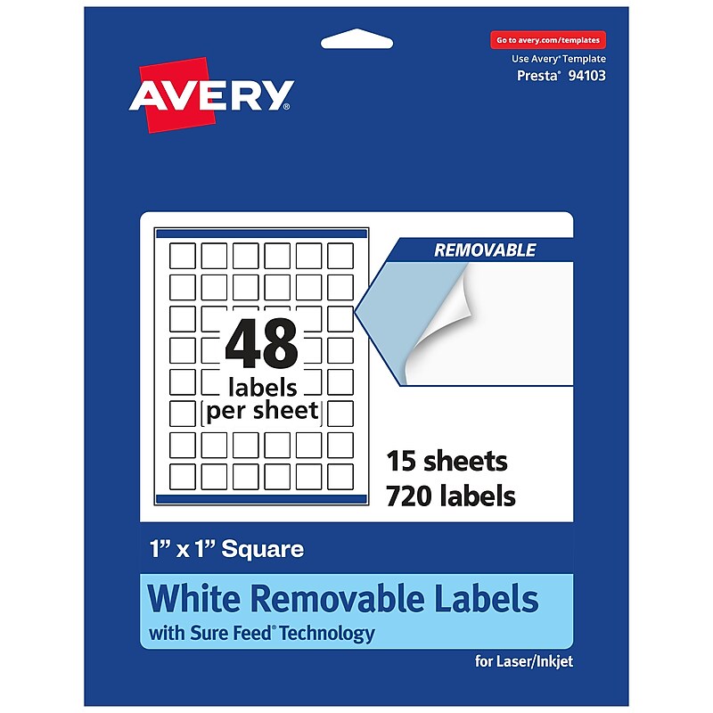 Avery Laser/Inkjet Square Multipurpose Labels, 1" x 1", White, 720 Labels/Pack (94103) image 1