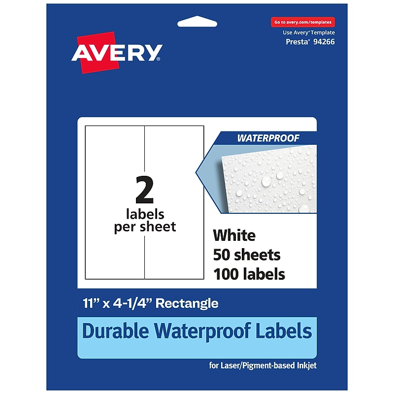 Avery Laser/Inkjet Rectangle Waterproof Multipurpose Labels, 4.25"  x 11", White, 100/Box (94266) image 1