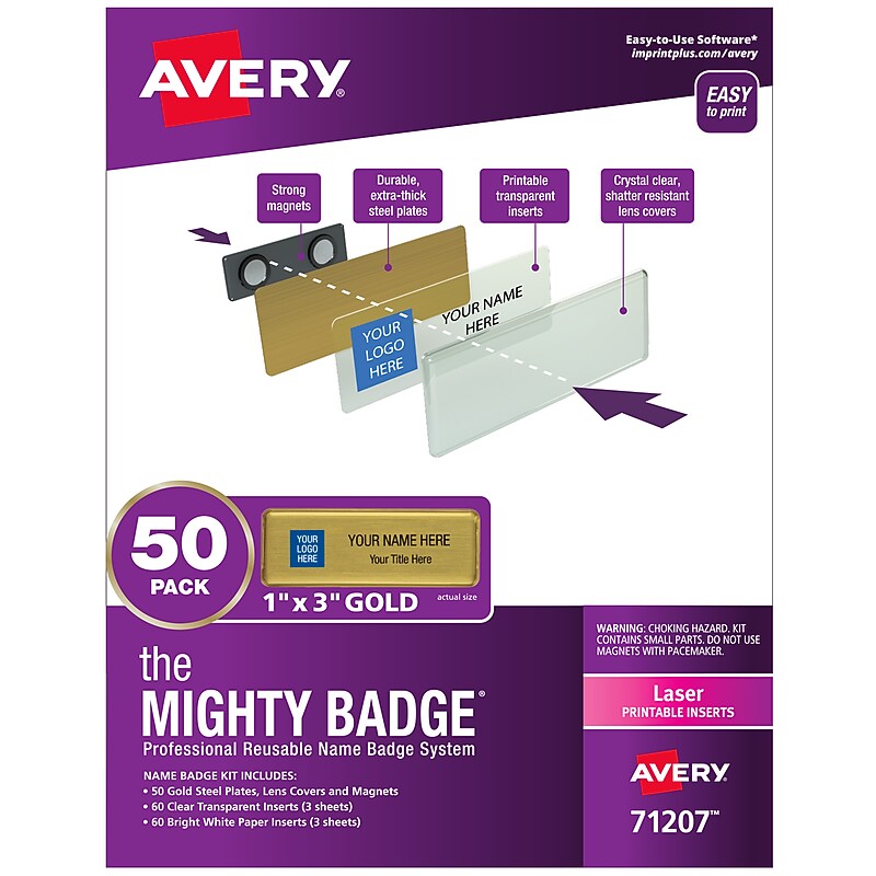 Avery The Mighty Badge Laser Reusable  Magnetic Name Badge System, 1" x 3", Gold, 120 Inserts, 50/Pack (71207) image 1