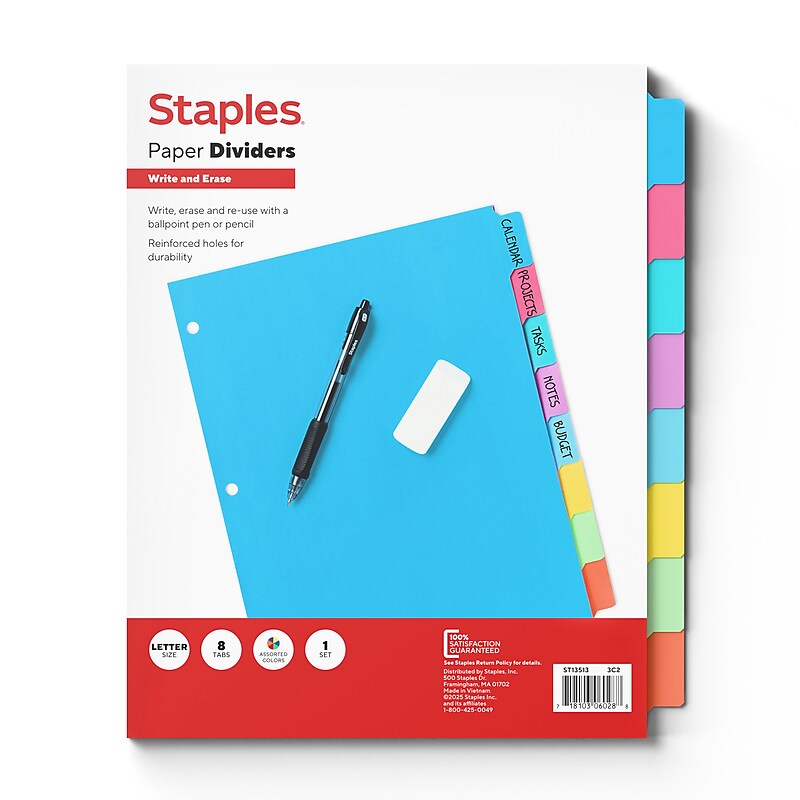 Staples Write & Erase Paper Dividers, Assorted Colors, 8-Tabs (13513/23181) image 1