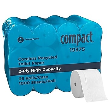 Compact Recycled Coreless Toilet Paper, 2-Ply, White, 1500 Sheets