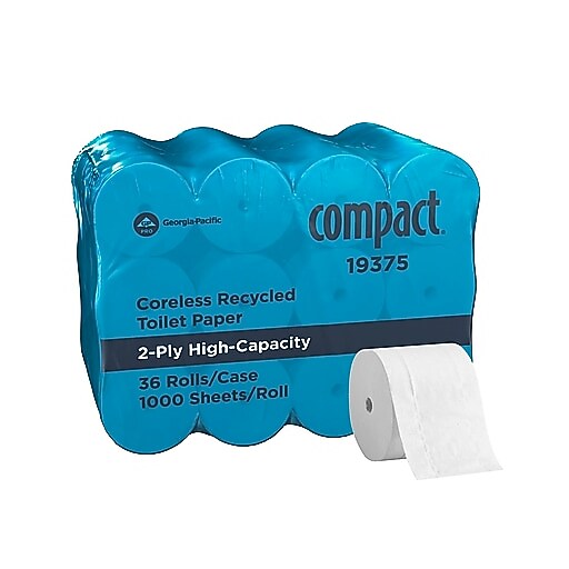 Compact Recycled Coreless Toilet Paper, 2-Ply, White, 1000 Sheets