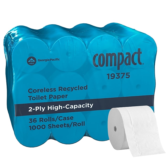 Compact Recycled Coreless Toilet Paper, 2-Ply, White, 1000 Sheets