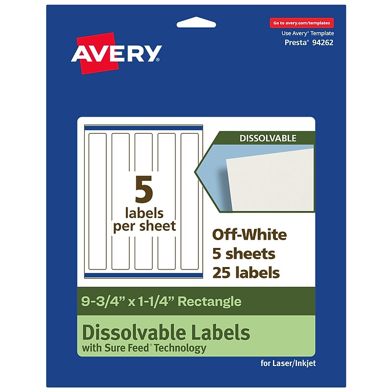 Avery Dissolvable Rectangle Multipurpose Labels, 9.75" x 1.25", Off-white, 25/Pack (94262) image 1