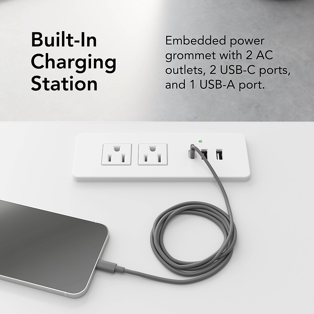 Built-in charging station with two AC outlets and USB ports on a white desk surface