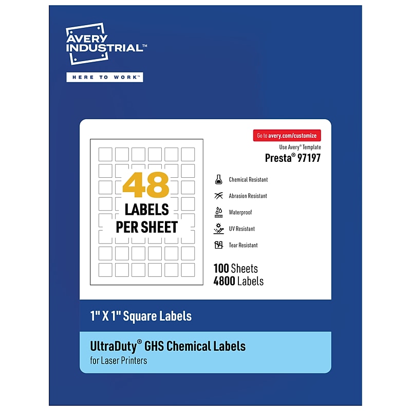 Avery UltraDuty Laser Square Multipurpose Labels, 1" x 1", White, 4800 Labels/Box ( 97197) image 1