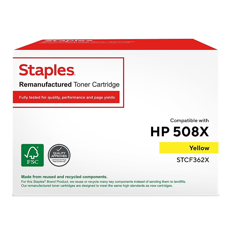 Staples Remanufactured Yellow High Yield Toner Cartridge Replacement for HP 508X (TRCF362X/STCF362X) image 1