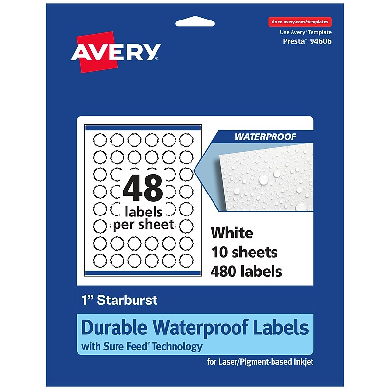 Avery Laser/Inkjet Starburst Waterproof Multipurpose Labels, 1"  Dia, White, 480/Pack (94606) image 1