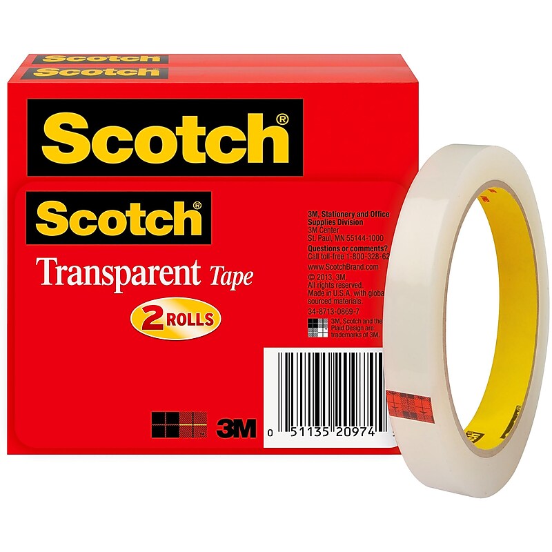Scotch Transparent Clear Tape Refill, 0.5" x 72 yds., 3" Core, Clear, 2 Rolls/Pack (600-2P12-72) image 1