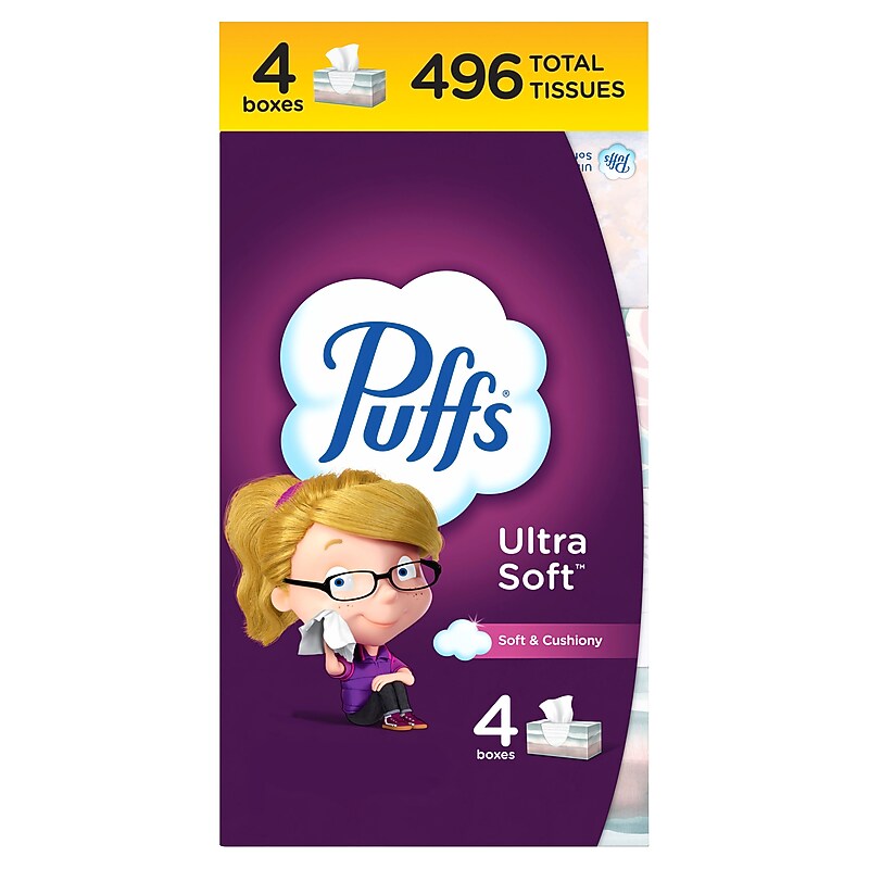 Puffs Ultra Soft Facial Tissues, 2-ply, 124 Tissues/Box, 4/Pack (58595) image 1