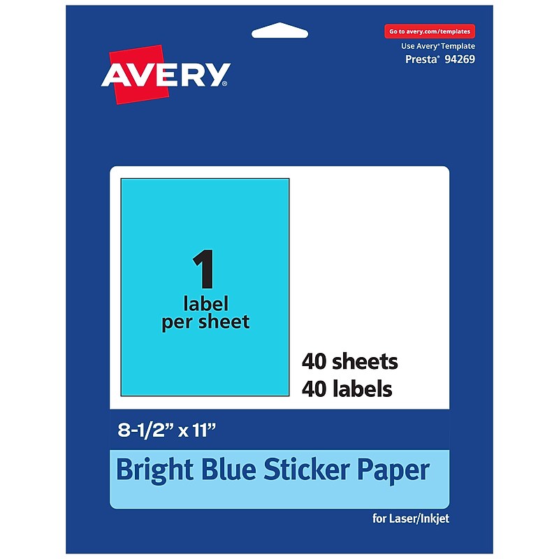 Avery Rectangle Multipurpose Labels, 8.5" x 11", Bright Blue, 40/Pack (94269) image 1
