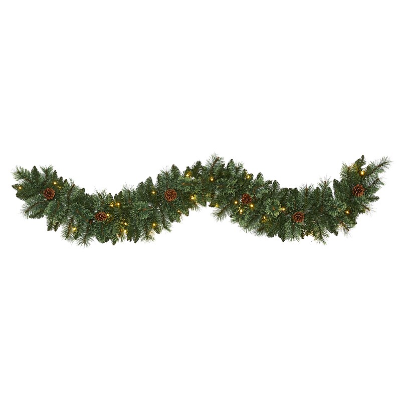 Nearly Natural 6-ft White Mountain Pine Artificial Garland with 35 White Warm LED Lights and Pinecones (W1101) image 1