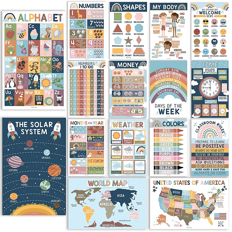 Hadley Designs 17" x 11" Boho Preschool Educational Posters For Toddlers, Laminated, 16/Set (HDDX004ACJZND) image 1