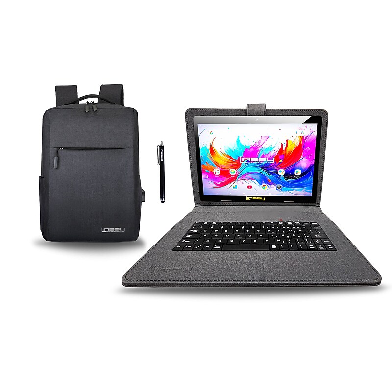 Linsay F10 Series 10.1" Tablet, Wi-Fi, Octa Core, 256GB eMMC, Android 15, with Black Cloth Keyboard Case, Backpack, & Stylus Pen image 1