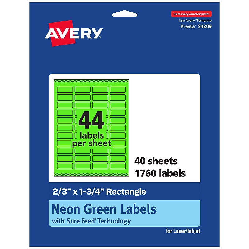 Avery Laser/Inkjet Multipurpose Rectangle Labels, 2/3" x 1-3/4", Neon Green, 1760/Pack (94209) image 1