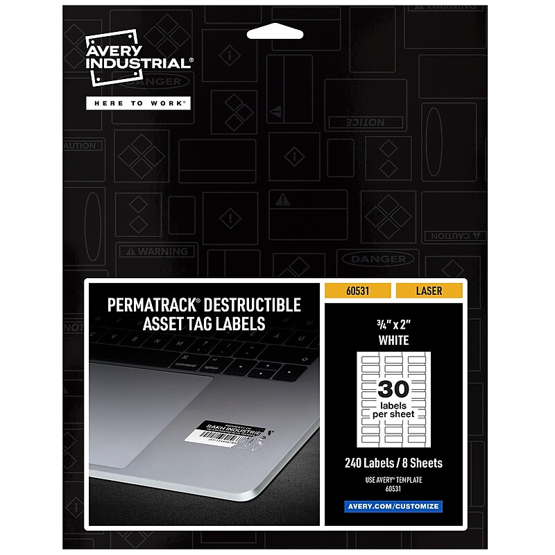 Avery PermaTrack Destructible Laser Asset Tag Labels, 3/4" x 2", Matte White, 240 Asset Tags/Pack (60531) image 1