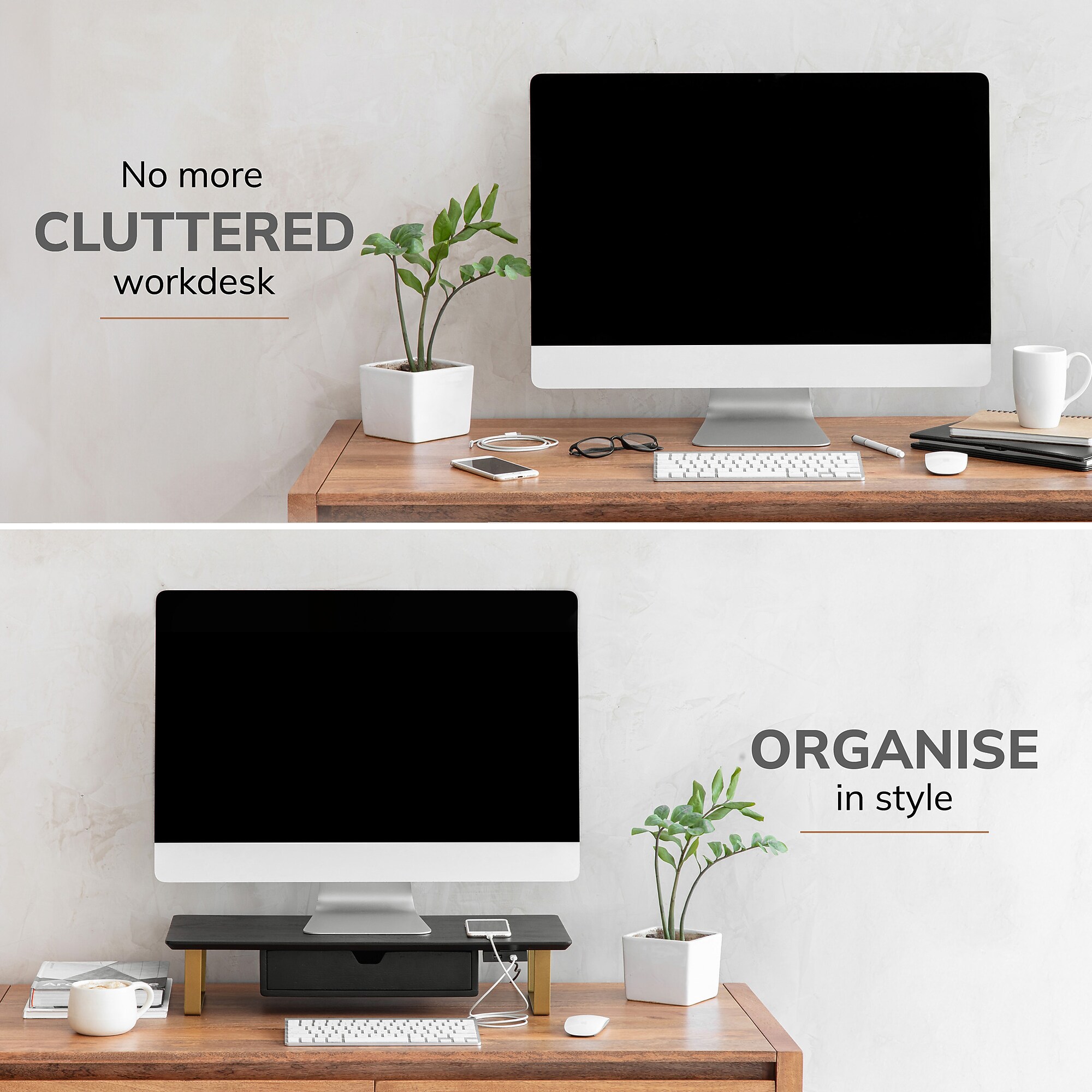 Anji Mountain Mango Wood & Metal Monitor Stand with Two USB Ports and Drawer, Black and Gold (MS-BLK-06GLD-PD) Sansujyuku sansujyuku.com