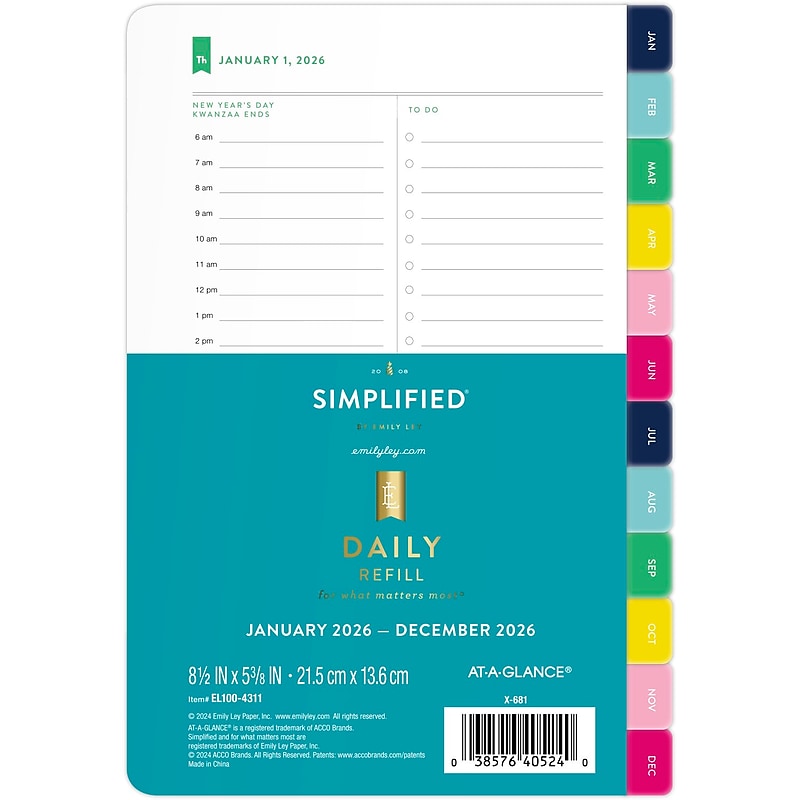 2026 AT-A-GLANCE Simplified by Emily Ley 8.5" x 5.5" Daily & Monthly Planner Refill Pages, Multicolor (EL100-4311-26) image 1