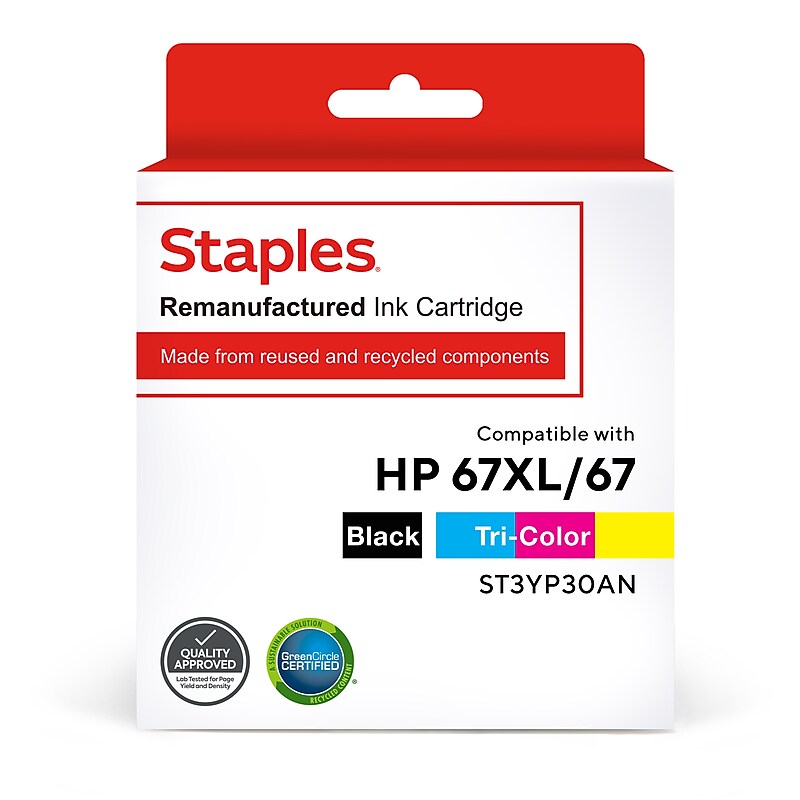 Staples Remanufactured Black High Yield and Tri-Color Standard Yield Ink Cartridge Replacement for HP 67XL/67, 2/Pack image 1