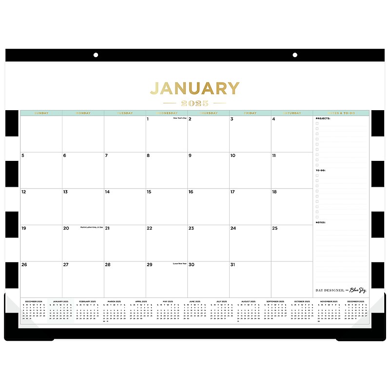 2025 Blue Sky Rugby Stripe 22" x 17" Monthly Desk Pad Calendar, Black/White (148171) image 1