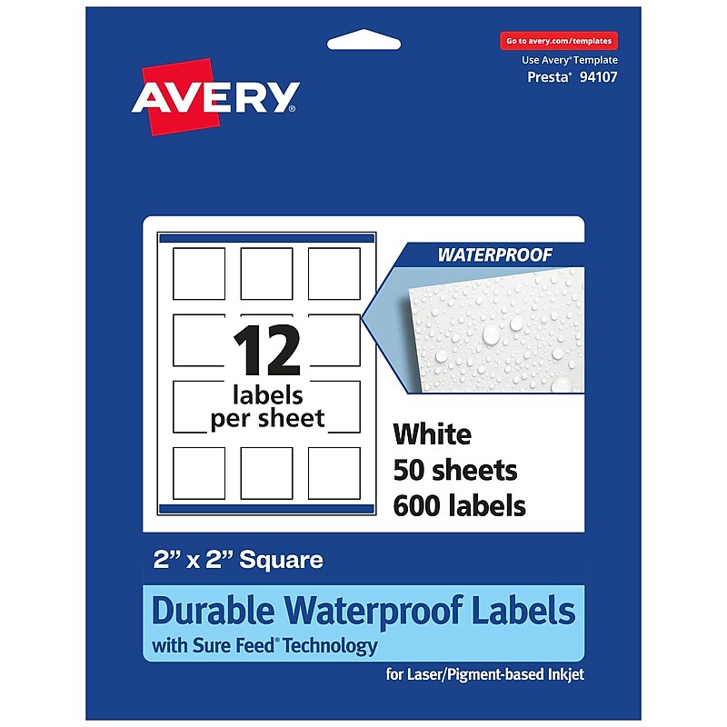 Avery Laser/Inkjet Square Durable Waterproof Labels, 2" x 2", White, 600 Labels (94107) image 1