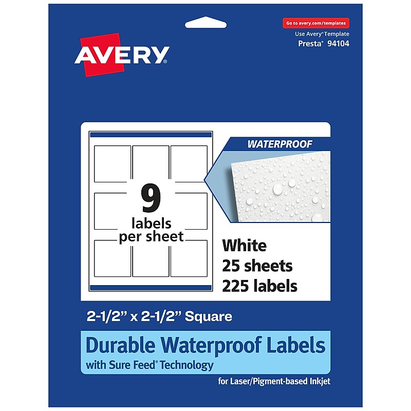 Avery Laser/Inkjet Square Durable Waterproof Labels, 2.5" x 2.5", White, 225 Labels/Pack (94104) image 1