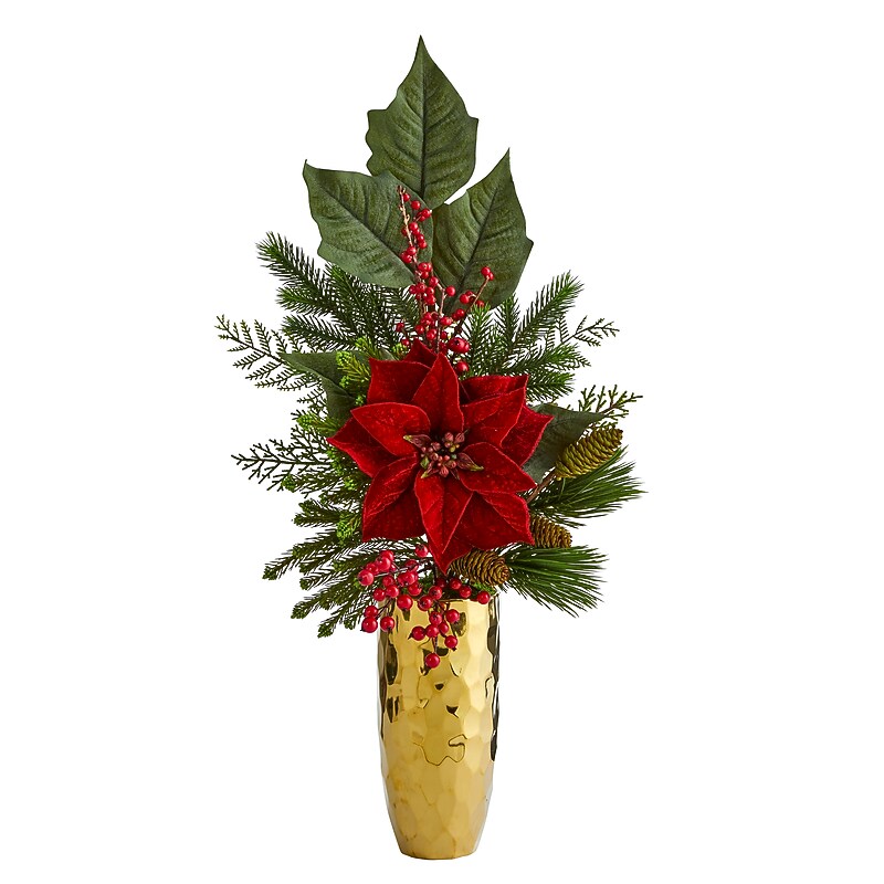 Nearly Natural Poinsettia, Berries, Pine and Pinecone Artificial Arrangement in Gold Vase, 32" (A1618) image 1