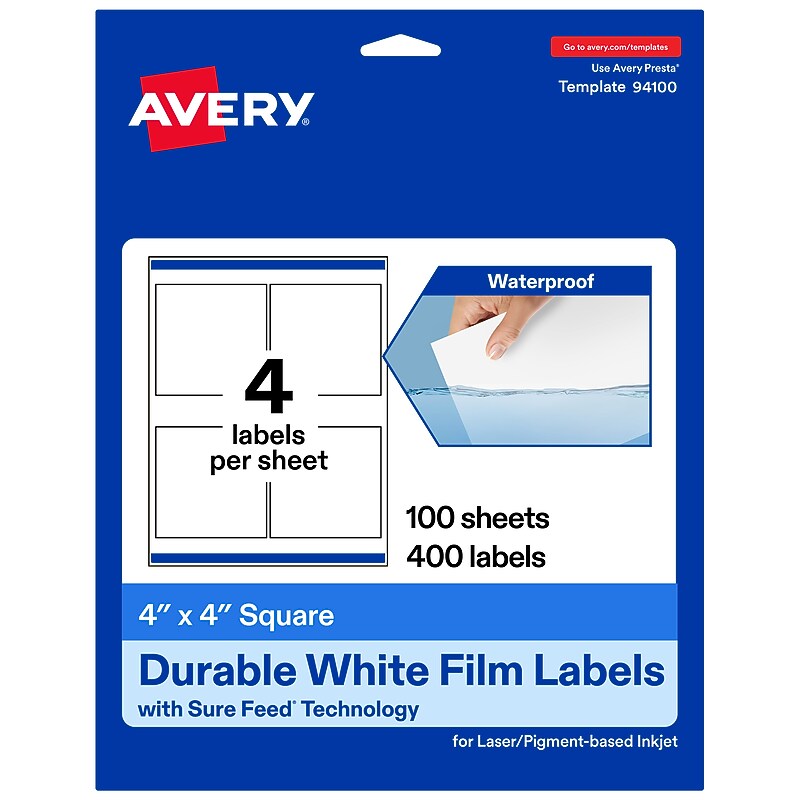 Avery Laser/Inkjet Multipurpose Labels, White, 4 Labels/Sheet, 100 Sheets/Pack (94100) image 1