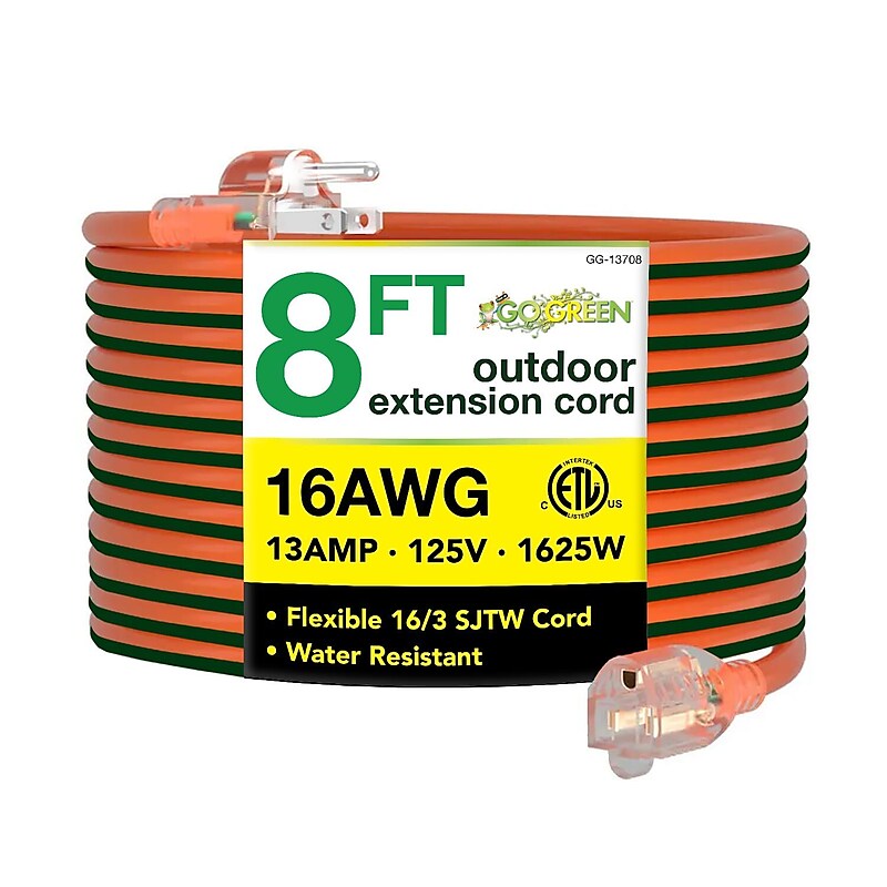 GoGreen Power 16/3 8' Heavy Duty Extension Cord, Lighted End, Orange (GG-13708) image 1