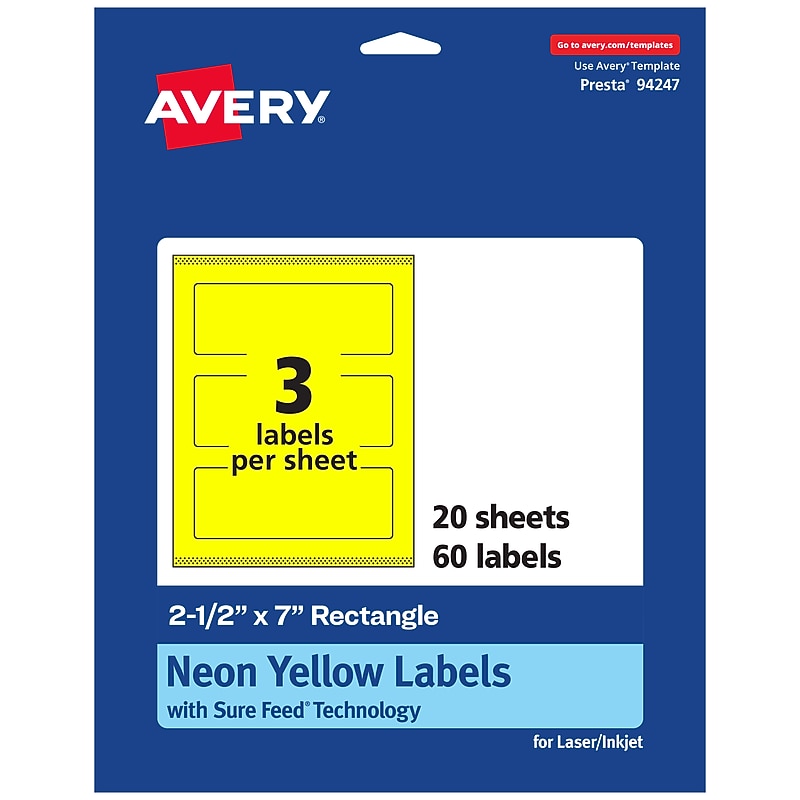 Avery Rectangle Laser/Inkjet Multipurpose Labels, 2.5" x 7", Neon Yellow (60/Pack) image 1