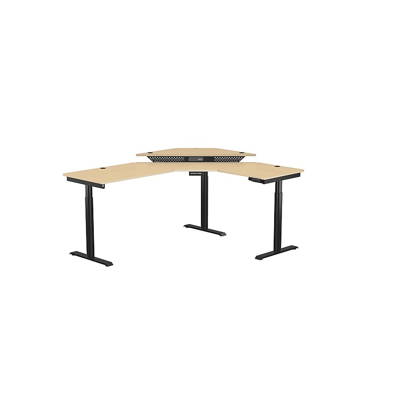 VersaDesk PowerLift 60"W Electric Corner Adjustable Standing Desk, Maple/Black (PLCSD7260-BM-APP) image 1