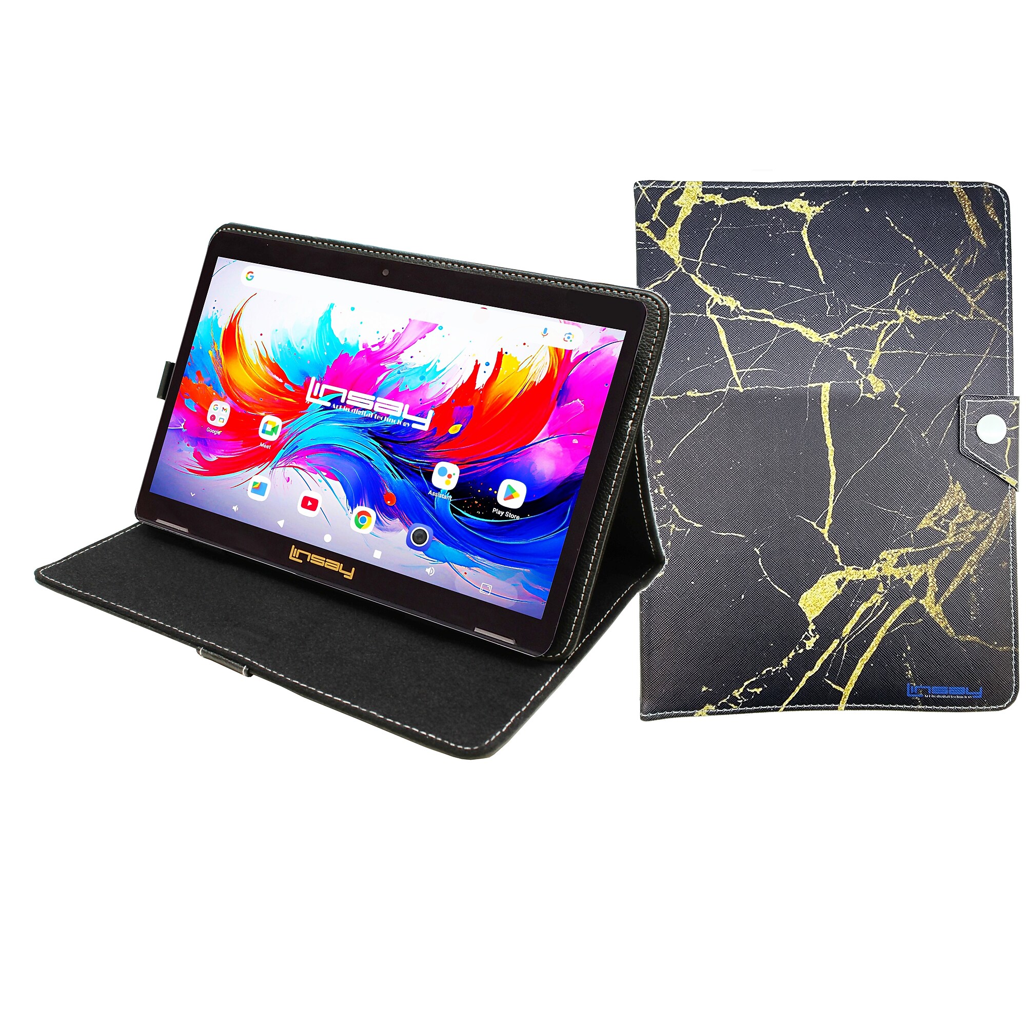 LINSAY F10 Series 10.1″ Tablet, Wi-Fi, Octa Core, 256GB eMMC, Android 15, Black & Golden Marble Case (F10IPGCBLAPLUS) Sansujyuku sansujyuku.com