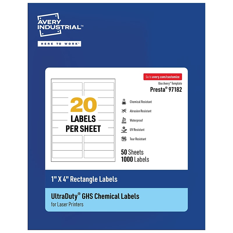 Avery Laser UltraDuty GHS Labels, 1" x 4", White, 1000 Labels/Box (97182) image 1