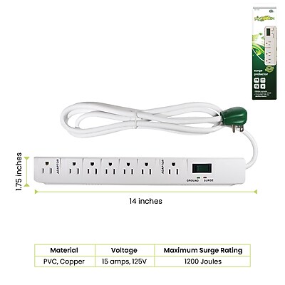 GoGreen Power 6′ Metal Surge Protector, 7 Outlets, White (GG-17636) Sansujyuku sansujyuku.com