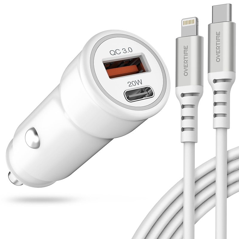 Overtime 38W Dual Port Car Charger & USB-C to Lightning Cable Bundle, White (OTC2PD6IP) image 1