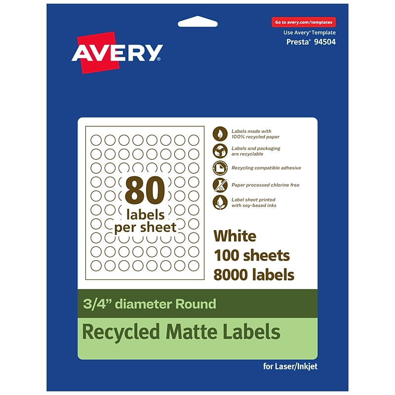 Avery EcoFriendly Laser/Inkjet Multipurpose Labels, 3/4" diameter, White, 8000/Box (94504) image 1