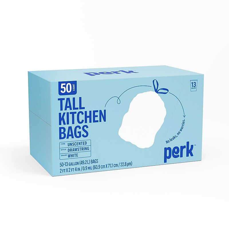 Perk™ 13 Gallon Kitchen Trash Bag, 28" x 24", Low Density, 0.9 mil, White, 50 Bags/Box (PK56745) image 1
