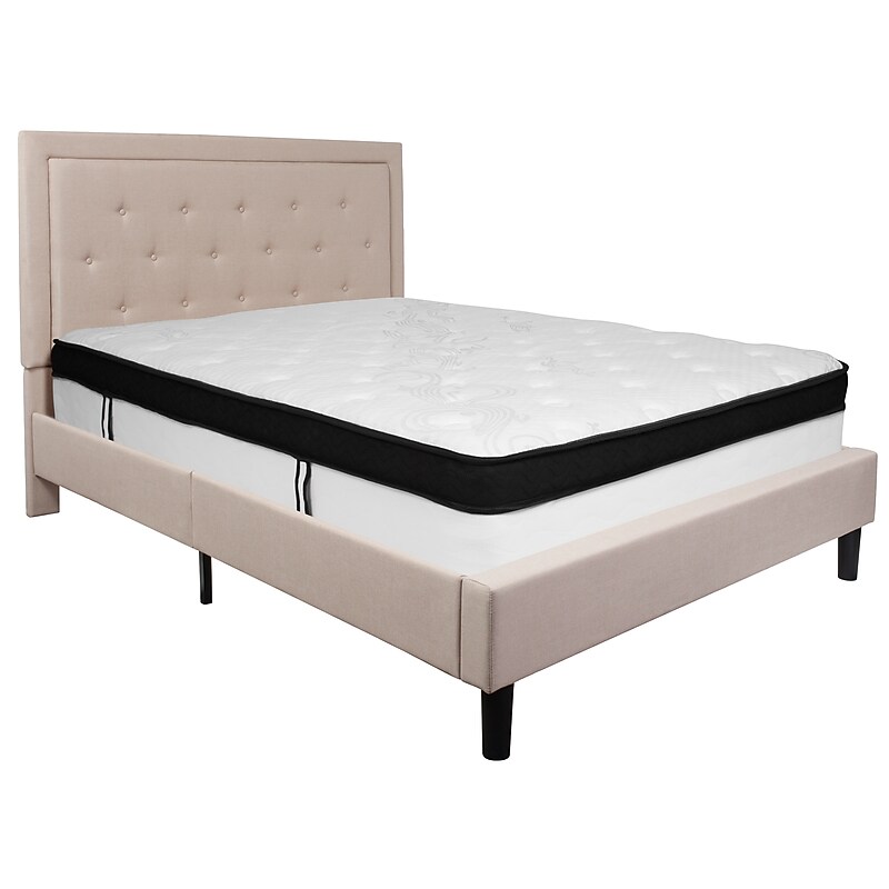 Flash Furniture Roxbury Tufted Upholstered Platform Bed in Beige Fabric with Memory Foam Mattress, Queen (SLBMF19) image 1