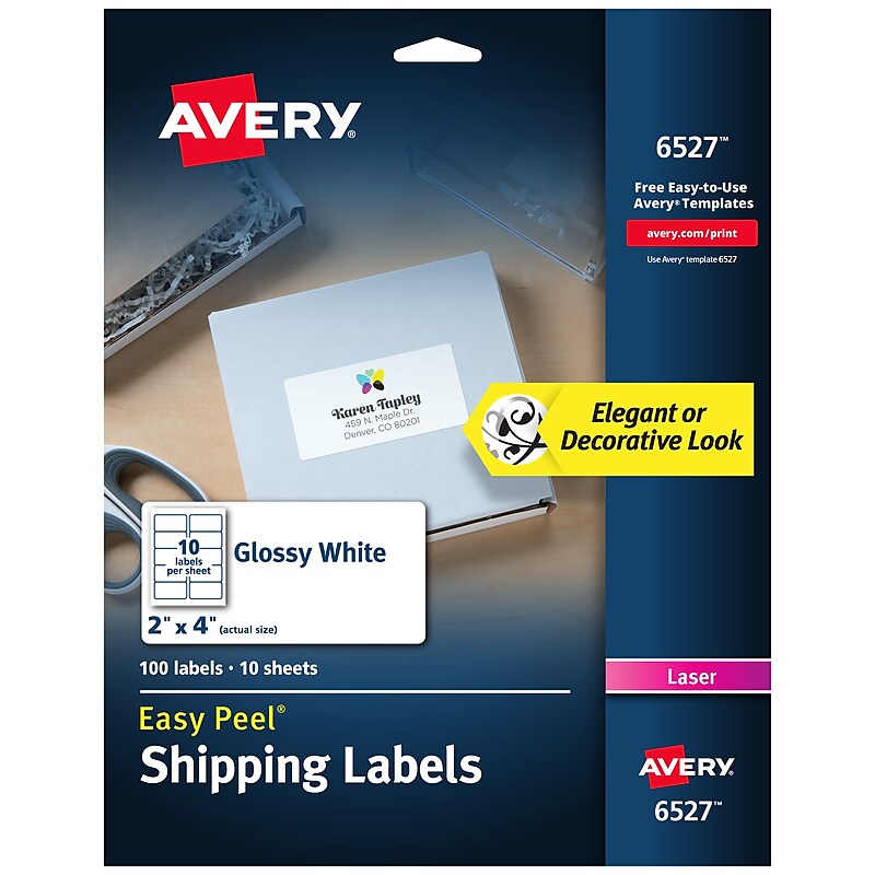 Avery Easy Peel Laser Shipping Labels, 2" x 4", Glossy White, 100 Labels/Pack (6527) image 1