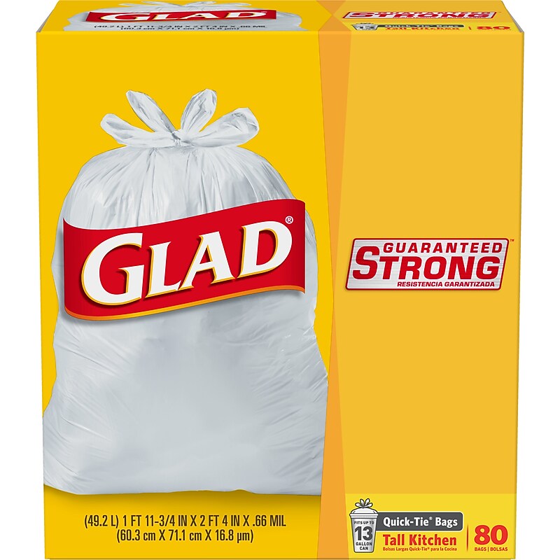 Glad Quick-Tie Tall 13 Gallon Kitchen Trash Bags, 80/Box (60034) image 1