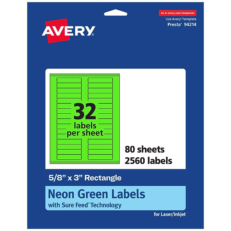 Avery Laser/Inkjet Multipurpose Rectangle Labels, 5/8" x 3", Neon Green, 2560/Box (94214) image 1