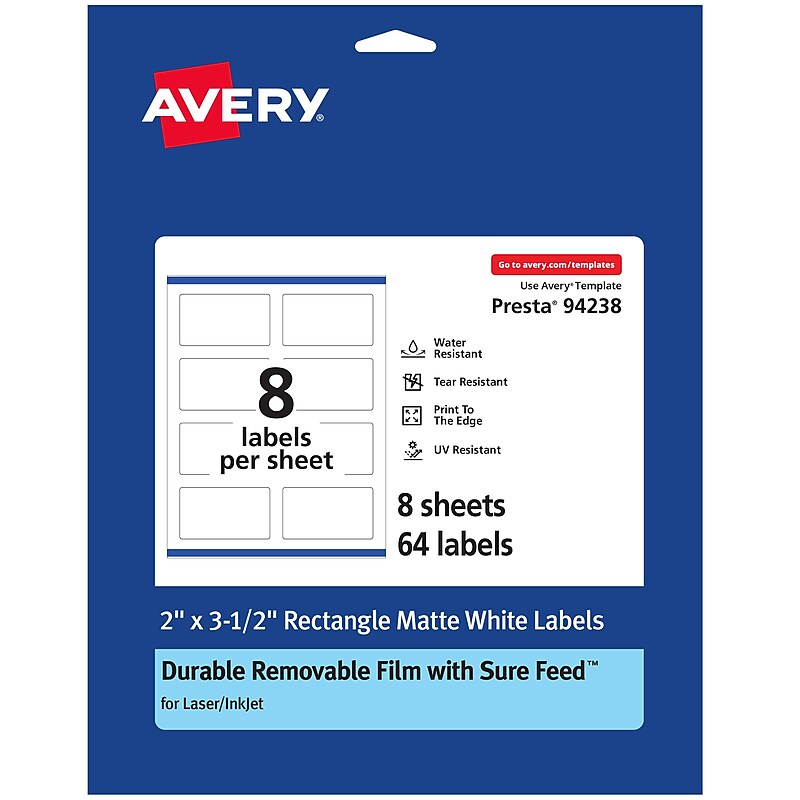 Avery Laser/Inkjet Rectangle Multipurpose Labels, Matte White, 64 Labels/Pack (94238) image 1