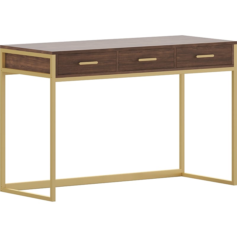 Martha Stewart Ollie 47"W Home Office Desk with 3 Drawers, Walnut/Polished Brass (ZGZP028BRGLD) image 1