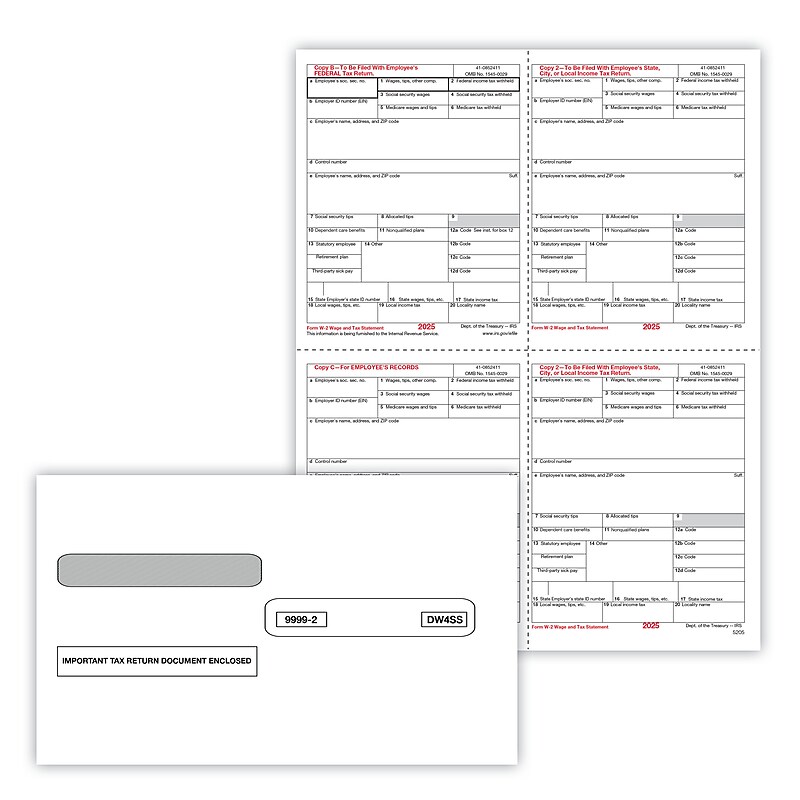 ComplyRight 2025 W-2 Tax Form Envelopes/Recipient Copy Only, 1-Part, 4-Up, Copy B, C, 2 and 2 combined, 50/Pack (5205E) image 1