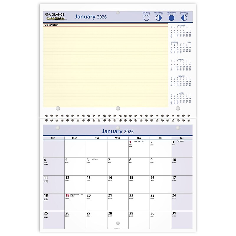 2026 AT-A-GLANCE QuickNotes 11" x 8" Monthly Wall Calendar, (PM50-28-26) image 1